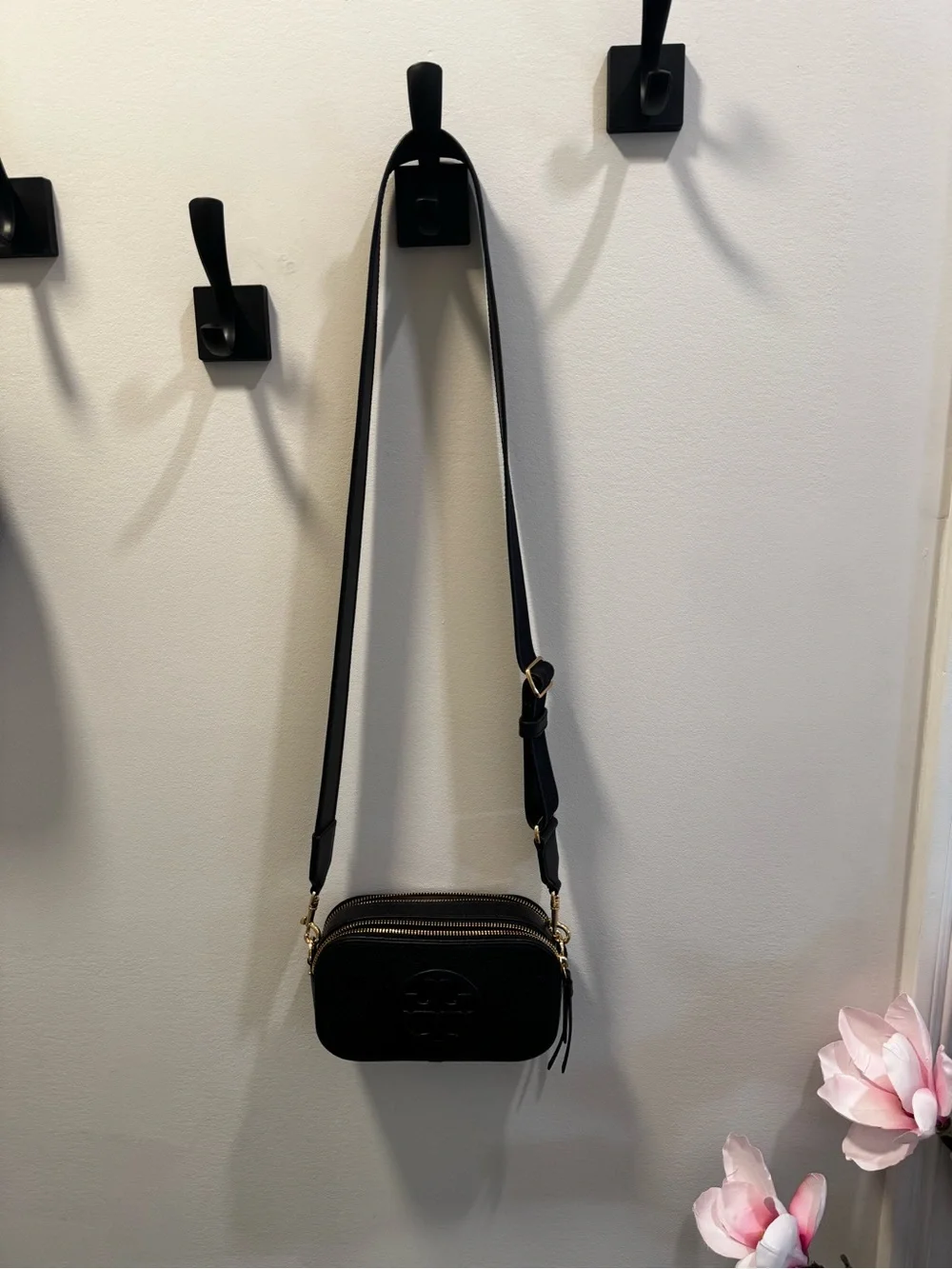 Tory Burch Black Pebbled Leather Crossbody Camera Bag with Gold Hardware